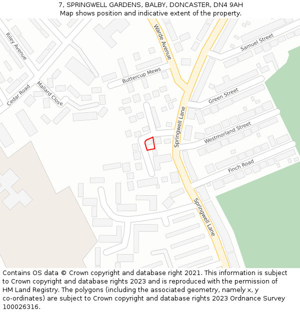 7, SPRINGWELL GARDENS, BALBY, DONCASTER, DN4 9AH: Location map and indicative extent of plot