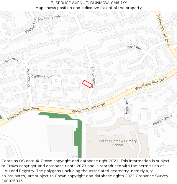7, SPRUCE AVENUE, DUNMOW, CM6 1YY: Location map and indicative extent of plot