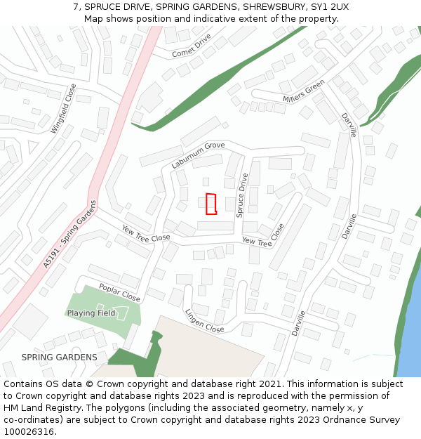 7, SPRUCE DRIVE, SPRING GARDENS, SHREWSBURY, SY1 2UX: Location map and indicative extent of plot