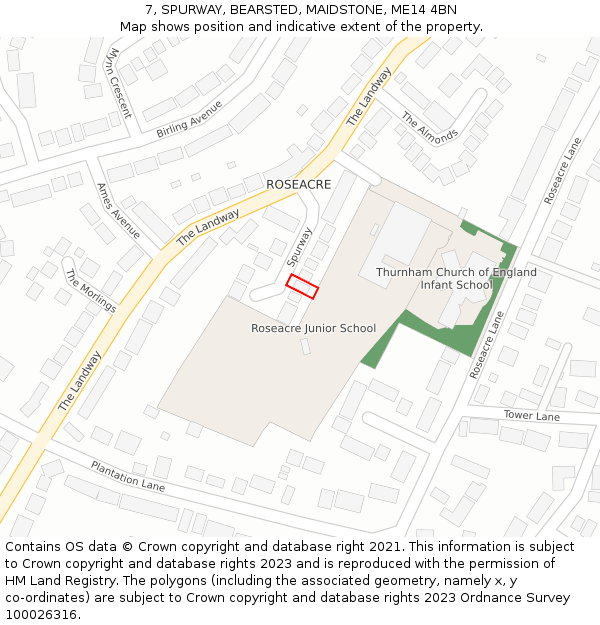 7, SPURWAY, BEARSTED, MAIDSTONE, ME14 4BN: Location map and indicative extent of plot