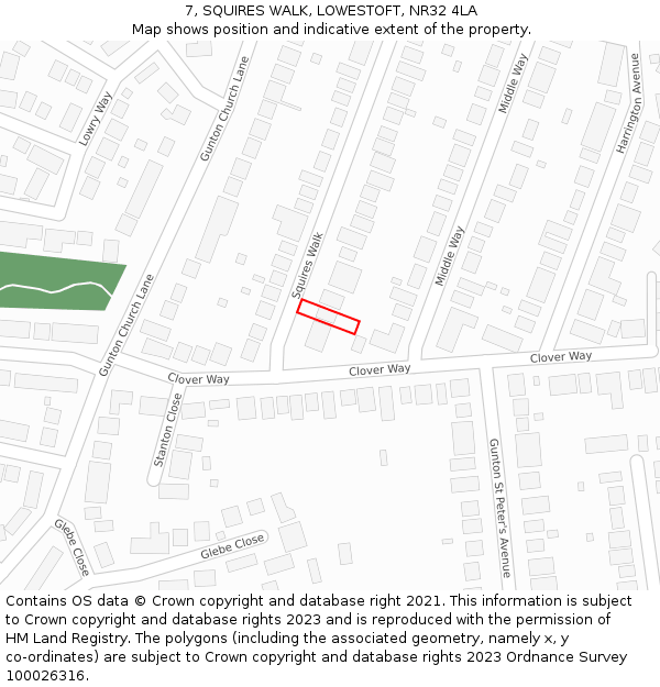 7, SQUIRES WALK, LOWESTOFT, NR32 4LA: Location map and indicative extent of plot