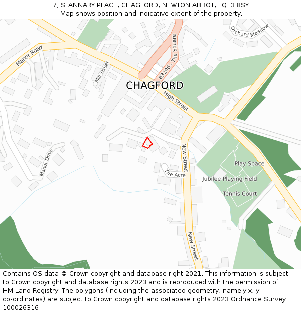 7, STANNARY PLACE, CHAGFORD, NEWTON ABBOT, TQ13 8SY: Location map and indicative extent of plot