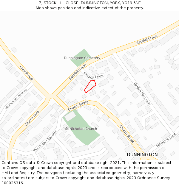 7, STOCKHILL CLOSE, DUNNINGTON, YORK, YO19 5NF: Location map and indicative extent of plot