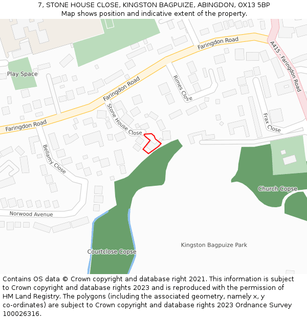 7, STONE HOUSE CLOSE, KINGSTON BAGPUIZE, ABINGDON, OX13 5BP: Location map and indicative extent of plot