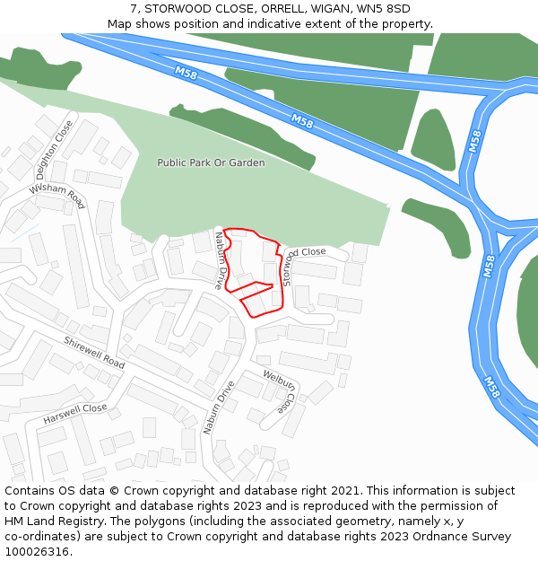 7, STORWOOD CLOSE, ORRELL, WIGAN, WN5 8SD: Location map and indicative extent of plot