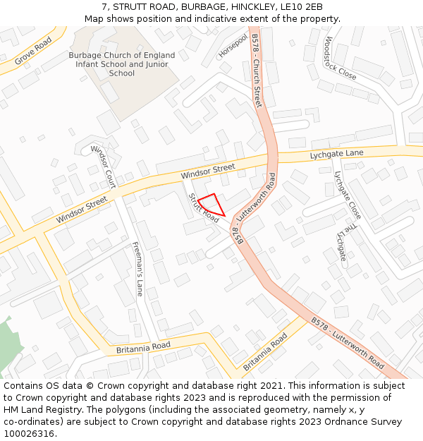 7, STRUTT ROAD, BURBAGE, HINCKLEY, LE10 2EB: Location map and indicative extent of plot