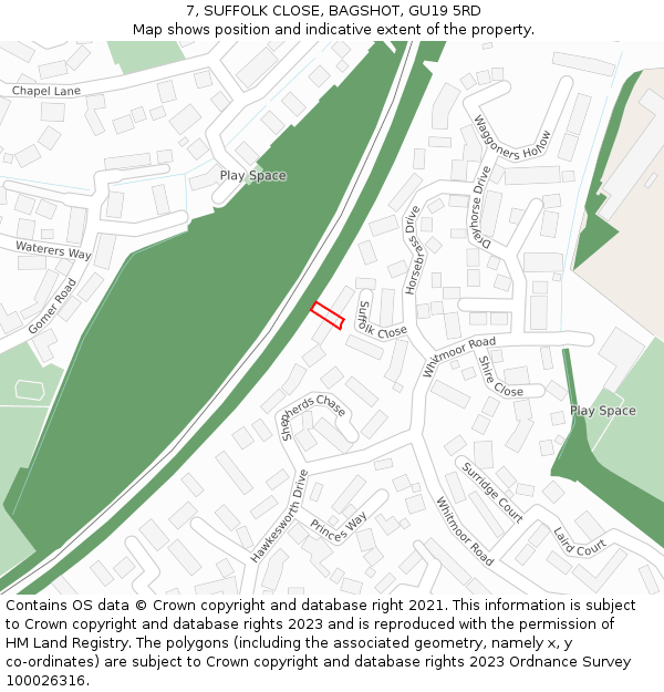 7, SUFFOLK CLOSE, BAGSHOT, GU19 5RD: Location map and indicative extent of plot