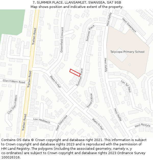 7, SUMMER PLACE, LLANSAMLET, SWANSEA, SA7 9SB: Location map and indicative extent of plot