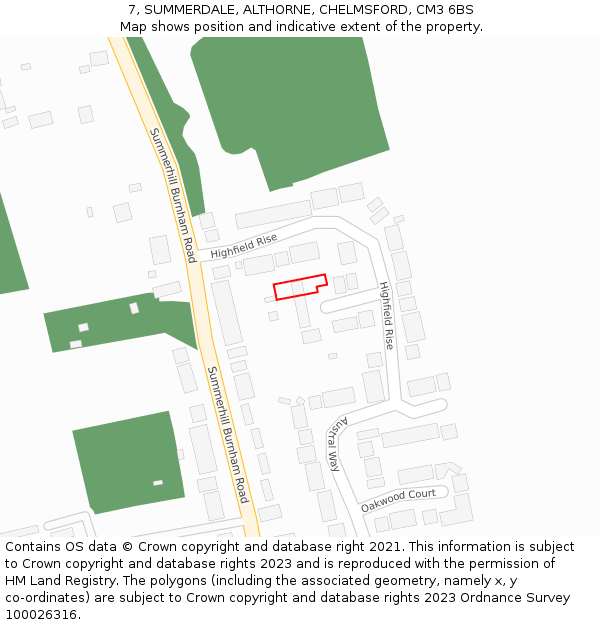 7, SUMMERDALE, ALTHORNE, CHELMSFORD, CM3 6BS: Location map and indicative extent of plot