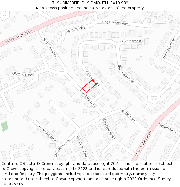 7, SUMMERFIELD, SIDMOUTH, EX10 9RY: Location map and indicative extent of plot