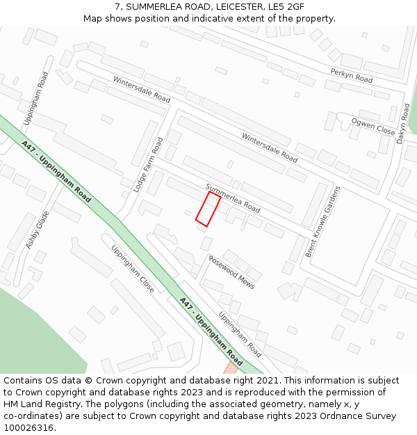 7, SUMMERLEA ROAD, LEICESTER, LE5 2GF: Location map and indicative extent of plot
