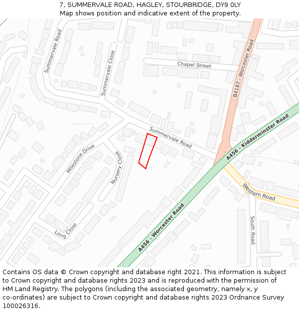 7, SUMMERVALE ROAD, HAGLEY, STOURBRIDGE, DY9 0LY: Location map and indicative extent of plot