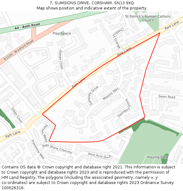 7, SUMSIONS DRIVE, CORSHAM, SN13 9XQ: Location map and indicative extent of plot