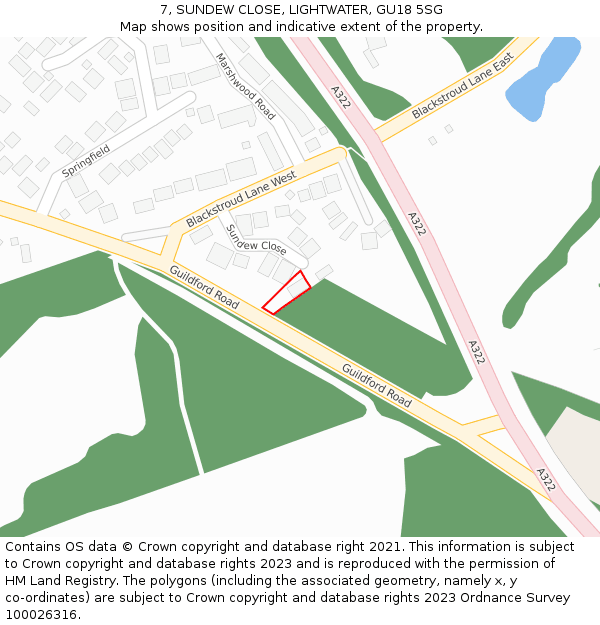 7, SUNDEW CLOSE, LIGHTWATER, GU18 5SG: Location map and indicative extent of plot