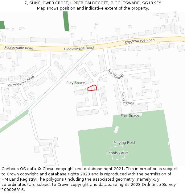 7, SUNFLOWER CROFT, UPPER CALDECOTE, BIGGLESWADE, SG18 9FY: Location map and indicative extent of plot