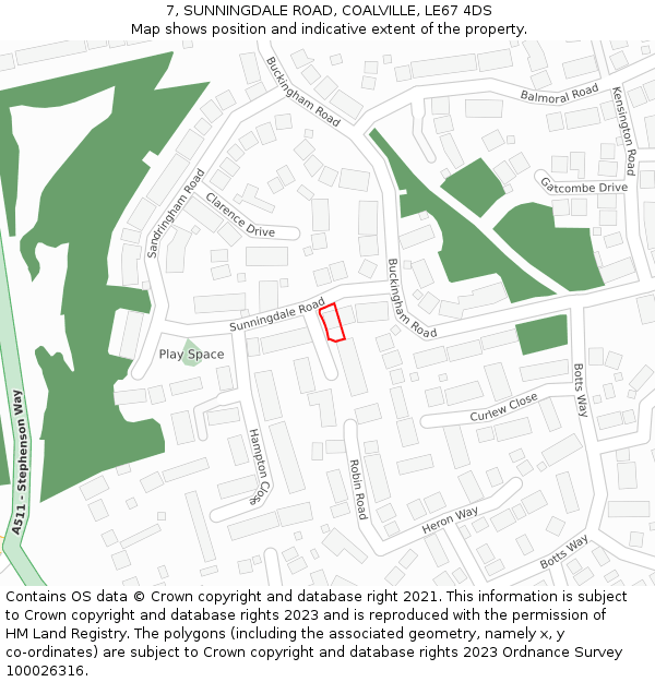 7, SUNNINGDALE ROAD, COALVILLE, LE67 4DS: Location map and indicative extent of plot
