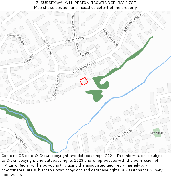 7, SUSSEX WALK, HILPERTON, TROWBRIDGE, BA14 7GT: Location map and indicative extent of plot