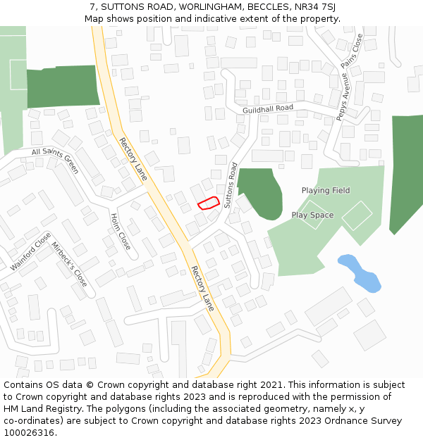 7, SUTTONS ROAD, WORLINGHAM, BECCLES, NR34 7SJ: Location map and indicative extent of plot