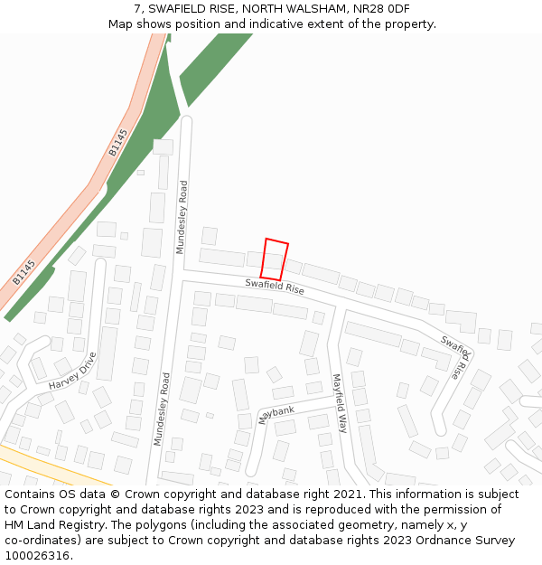 7, SWAFIELD RISE, NORTH WALSHAM, NR28 0DF: Location map and indicative extent of plot