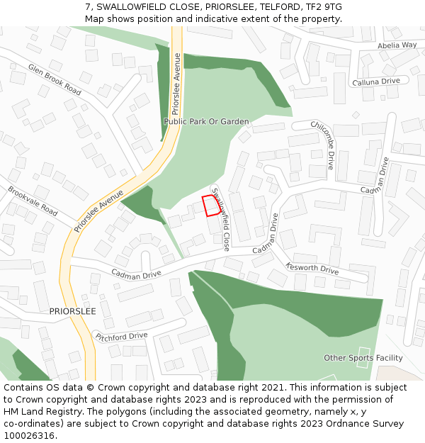 7, SWALLOWFIELD CLOSE, PRIORSLEE, TELFORD, TF2 9TG: Location map and indicative extent of plot