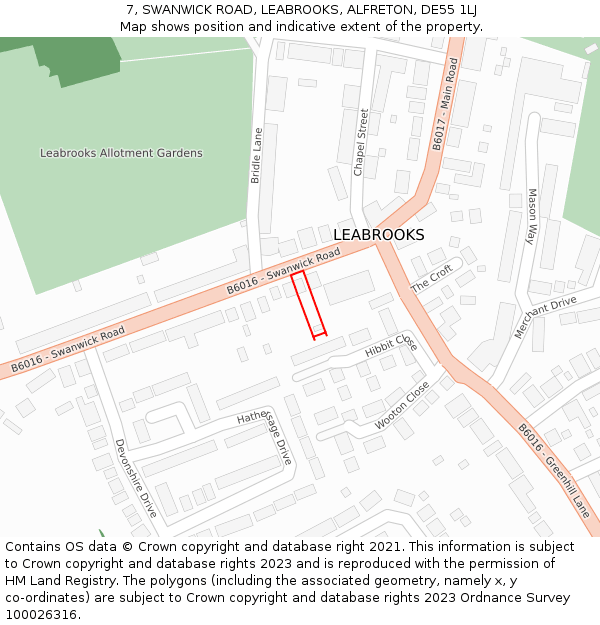 7, SWANWICK ROAD, LEABROOKS, ALFRETON, DE55 1LJ: Location map and indicative extent of plot