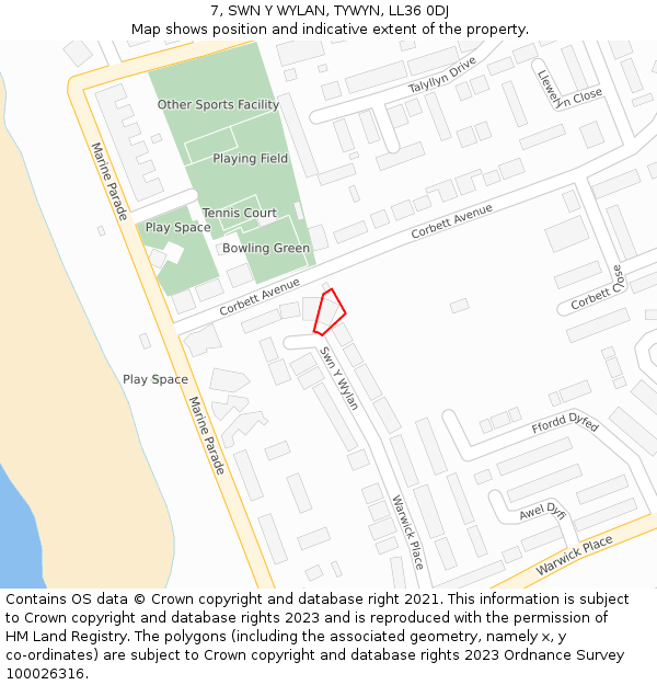 7, SWN Y WYLAN, TYWYN, LL36 0DJ: Location map and indicative extent of plot