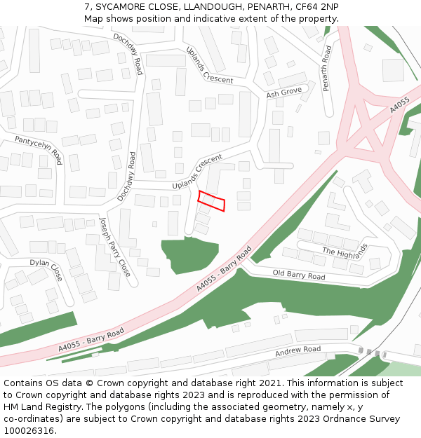 7, SYCAMORE CLOSE, LLANDOUGH, PENARTH, CF64 2NP: Location map and indicative extent of plot