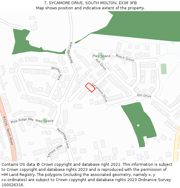 7, SYCAMORE DRIVE, SOUTH MOLTON, EX36 3FB: Location map and indicative extent of plot