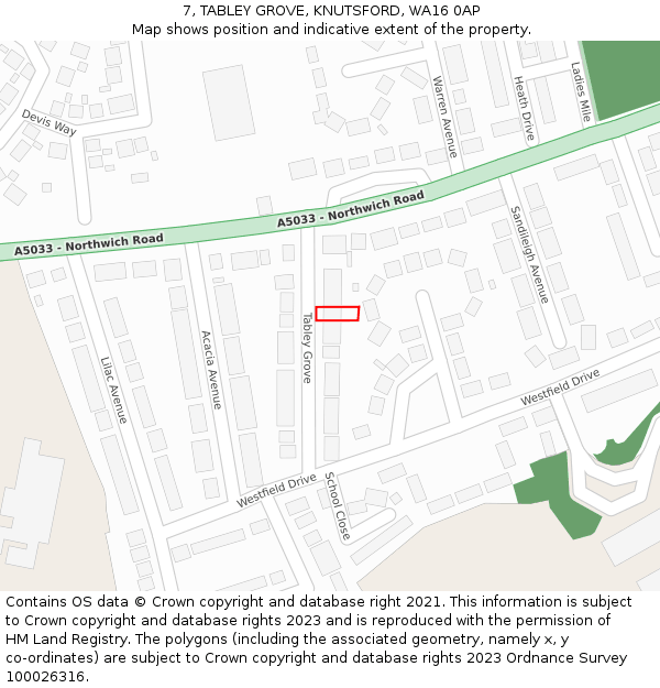 7, TABLEY GROVE, KNUTSFORD, WA16 0AP: Location map and indicative extent of plot