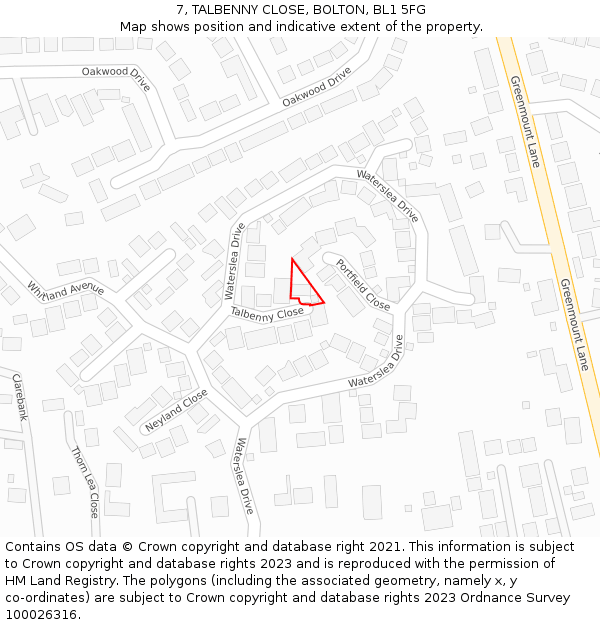 7, TALBENNY CLOSE, BOLTON, BL1 5FG: Location map and indicative extent of plot