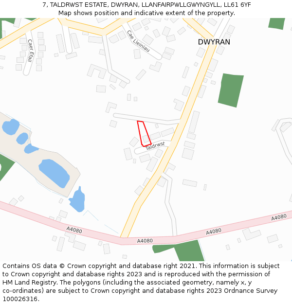 7, TALDRWST ESTATE, DWYRAN, LLANFAIRPWLLGWYNGYLL, LL61 6YF: Location map and indicative extent of plot