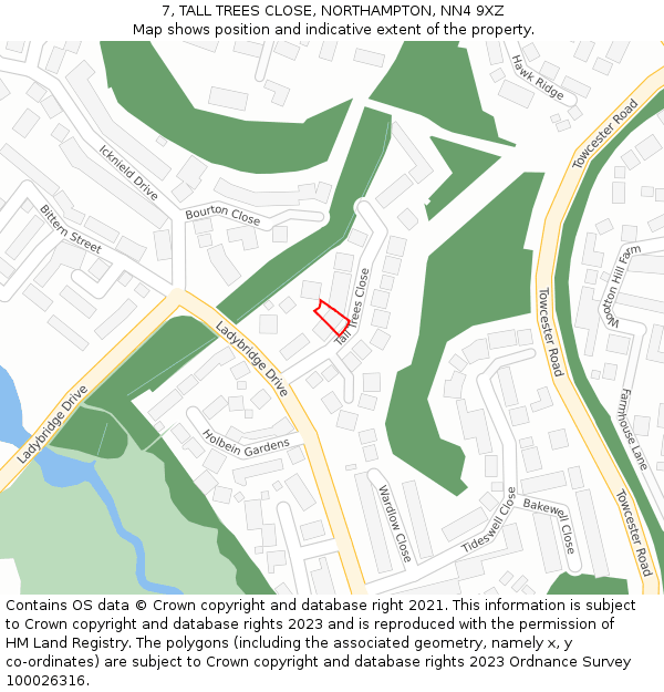 7, TALL TREES CLOSE, NORTHAMPTON, NN4 9XZ: Location map and indicative extent of plot