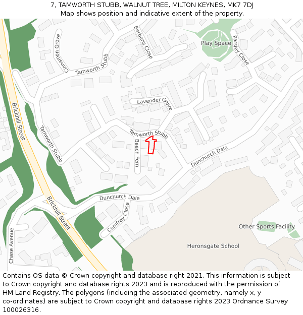 7, TAMWORTH STUBB, WALNUT TREE, MILTON KEYNES, MK7 7DJ: Location map and indicative extent of plot