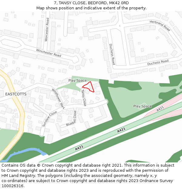 7, TANSY CLOSE, BEDFORD, MK42 0RD: Location map and indicative extent of plot