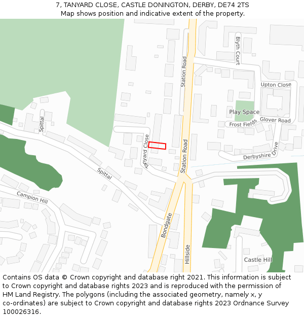 7, TANYARD CLOSE, CASTLE DONINGTON, DERBY, DE74 2TS: Location map and indicative extent of plot