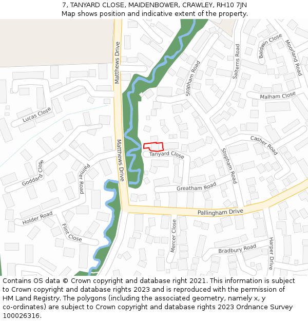 7, TANYARD CLOSE, MAIDENBOWER, CRAWLEY, RH10 7JN: Location map and indicative extent of plot