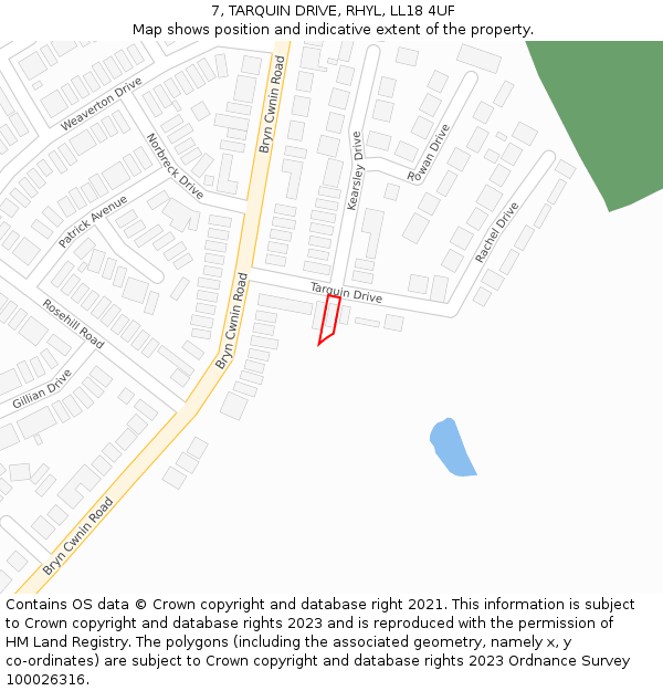 7, TARQUIN DRIVE, RHYL, LL18 4UF: Location map and indicative extent of plot