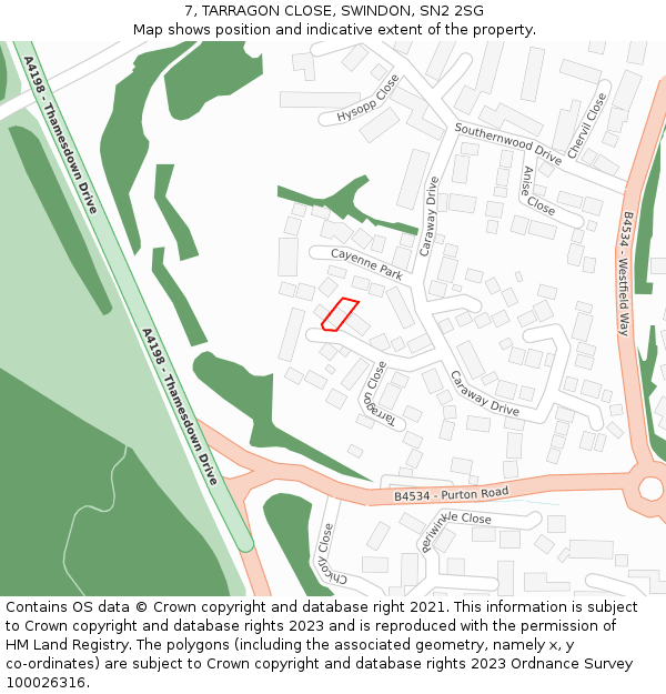 7, TARRAGON CLOSE, SWINDON, SN2 2SG: Location map and indicative extent of plot