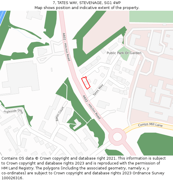 7, TATES WAY, STEVENAGE, SG1 4WP: Location map and indicative extent of plot