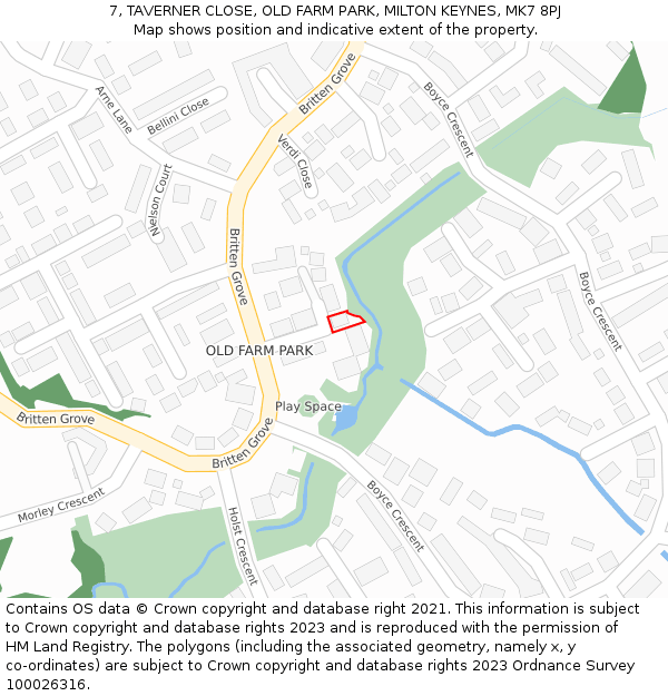 7, TAVERNER CLOSE, OLD FARM PARK, MILTON KEYNES, MK7 8PJ: Location map and indicative extent of plot