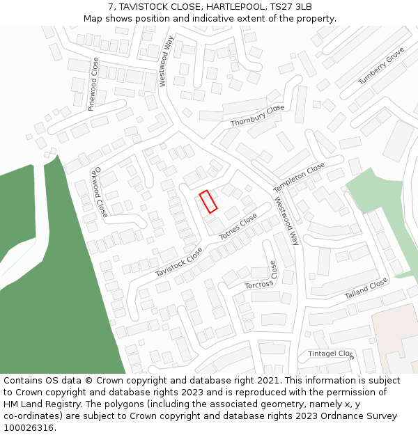 7, TAVISTOCK CLOSE, HARTLEPOOL, TS27 3LB: Location map and indicative extent of plot