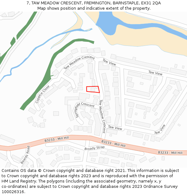 7, TAW MEADOW CRESCENT, FREMINGTON, BARNSTAPLE, EX31 2QA: Location map and indicative extent of plot
