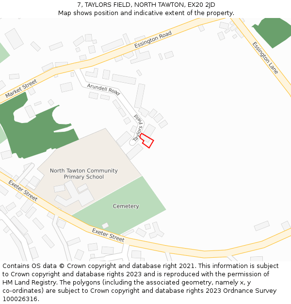 7, TAYLORS FIELD, NORTH TAWTON, EX20 2JD: Location map and indicative extent of plot