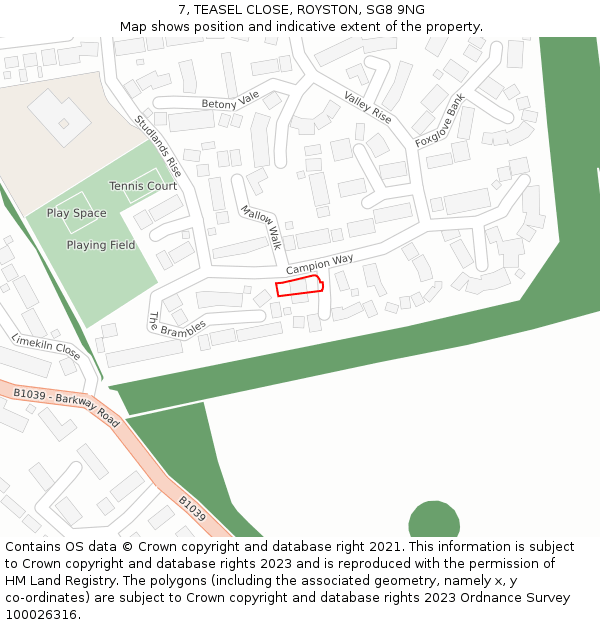 7, TEASEL CLOSE, ROYSTON, SG8 9NG: Location map and indicative extent of plot