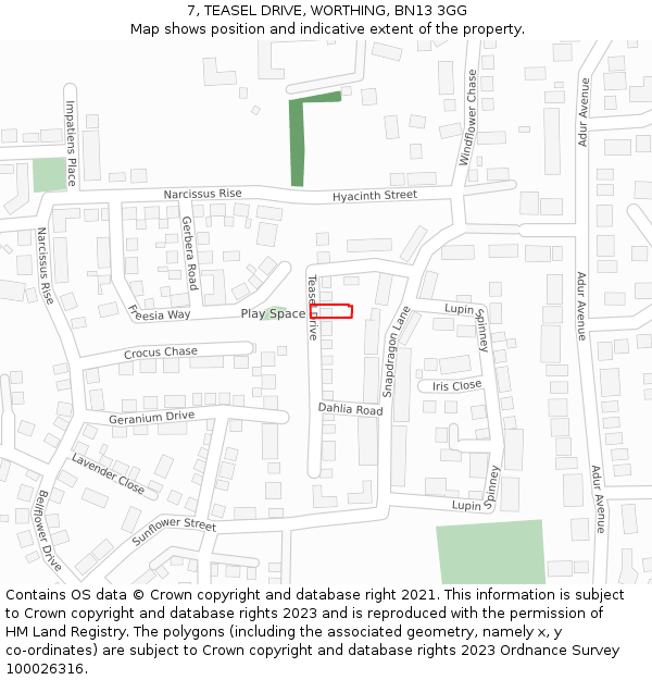 7, TEASEL DRIVE, WORTHING, BN13 3GG: Location map and indicative extent of plot