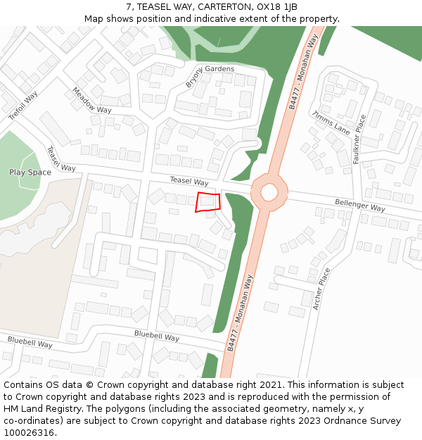 7, TEASEL WAY, CARTERTON, OX18 1JB: Location map and indicative extent of plot