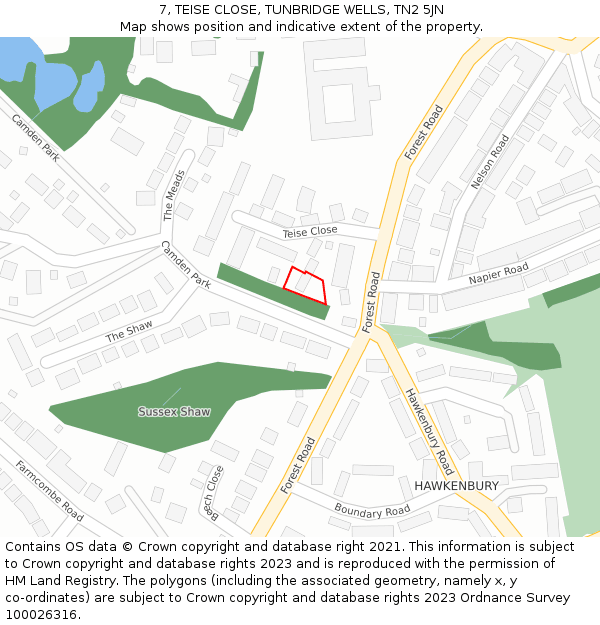 7, TEISE CLOSE, TUNBRIDGE WELLS, TN2 5JN: Location map and indicative extent of plot