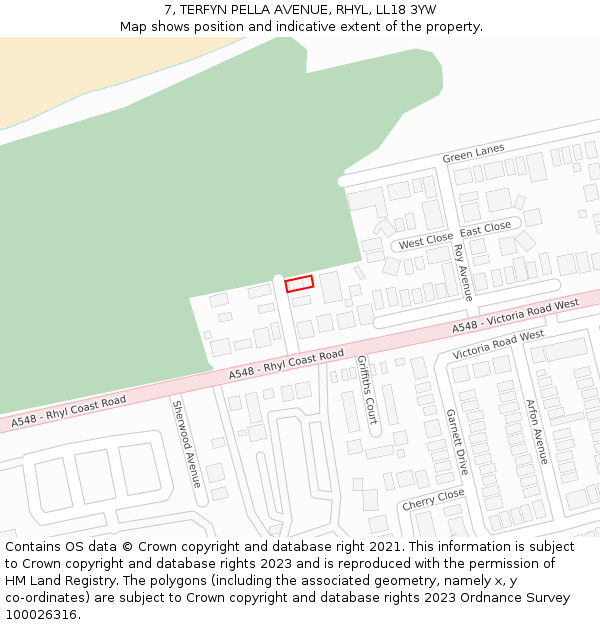 7, TERFYN PELLA AVENUE, RHYL, LL18 3YW: Location map and indicative extent of plot