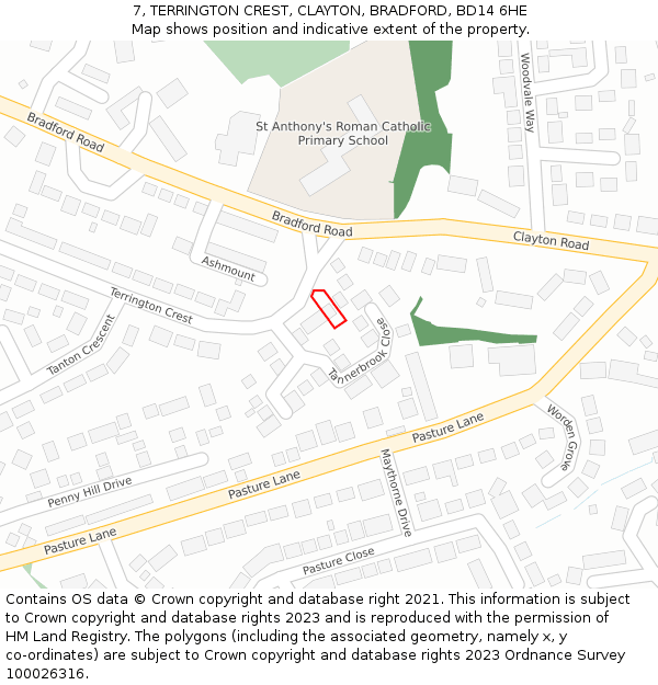 7, TERRINGTON CREST, CLAYTON, BRADFORD, BD14 6HE: Location map and indicative extent of plot