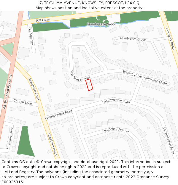 7, TEYNHAM AVENUE, KNOWSLEY, PRESCOT, L34 0JQ: Location map and indicative extent of plot